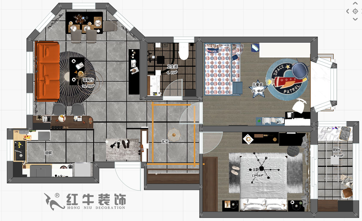 趙東星_碧瑤花園14-201-90㎡-現代風格_2室1廳1衛（wèi）（老房翻新）_成品家￥113603_全包11萬00彩平圖
