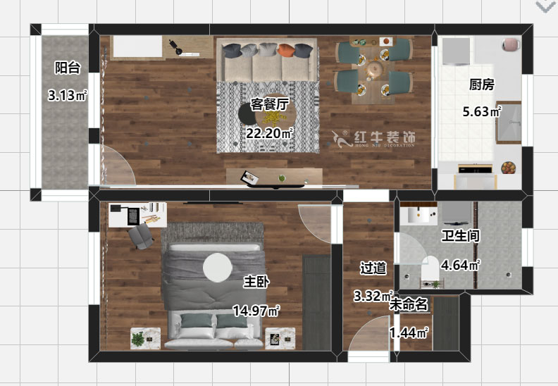 劉曉芳｜長白街2號1-506-64㎡-現代風格｜2室2廳1衛｜老房裝修｜定製家￥105600｜全包10