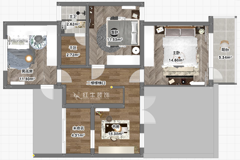 吳波｜翠（cuì）屏國際香樟苑-7-404-124㎡-現（xiàn）代風格｜3室2廳2衛｜二（èr）手房裝修｜定製家｜全包17萬｜00_06二樓平麵彩圖