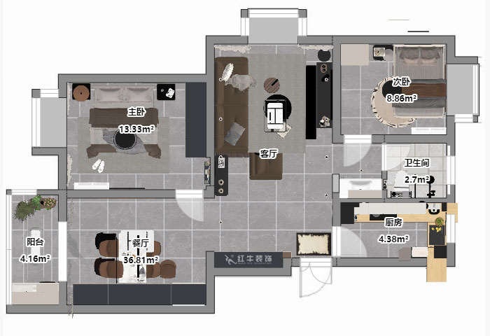 仇美蓉｜新建雅苑9-4-208-80㎡-簡約風格｜3室2廳1衛｜老房裝修｜定製家｜全包10萬｜00_03平麵彩圖